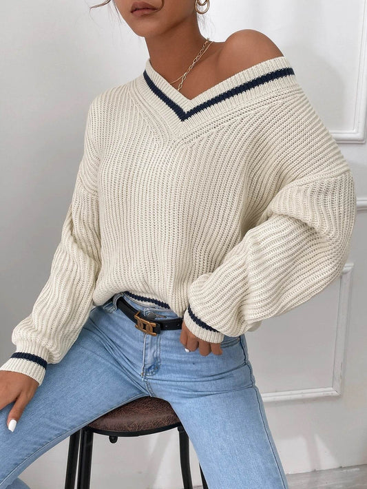 Winter Women's Clothes Cable Knit V Neck Sweaters Casual Long Sleeve Striped Pullover Sweater Trendy Loose Preppy Jumper Top - Here2Save