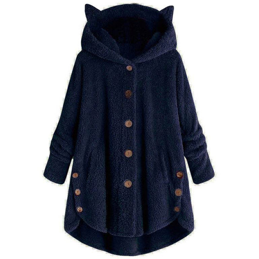 European and American button hooded cat ears plush top - Here2Save