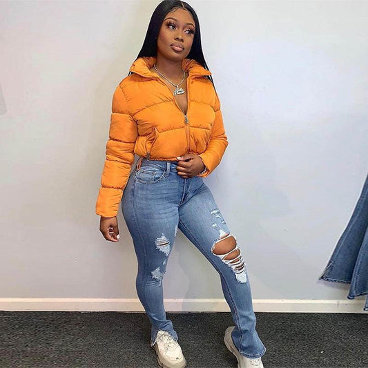 Fashion Short Coat Winter Warm Long-sleeved Stand Collar Zipper Bread Cotton Coat With Drawstring Design Women's Jacket - Here2Save