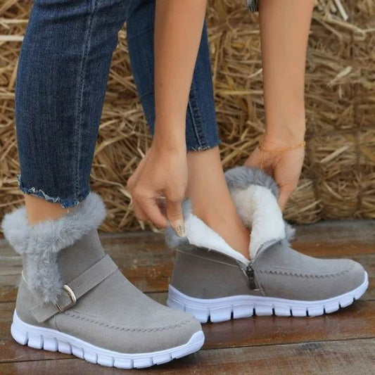 New Snow Boots Winter Warm Thickened Solid Color Plush Ankle Boots With Buckle Design Plus Velvet Flat Shoes For Women - Here2Save
