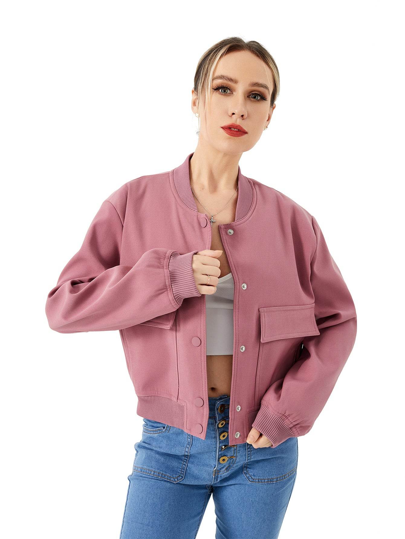 Women's Lightweight Cropped Bomber Jacket Casual Long Sleeve Varsity Jacket With Pocket Fashion Y2k Jacket Streetwear - Here2Save