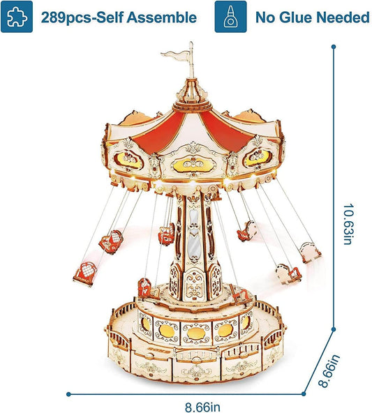 Robotime Rokr Magic Amusement Park Swing Ride 3D Wooden Puzzles Construction Model Kit DIY Music Box Rotating Building Kits - Here2Save