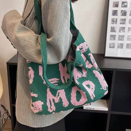 Letter Printed Knit Bag Fashion Shopping Shoulder Bag Large Capacity Handbag - Here2Save