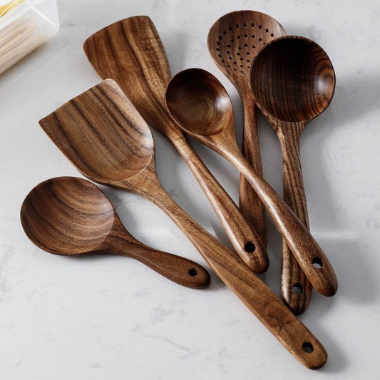 Thailand Teak Natural Wood Tableware Spoon Ladle Turner Long Rice Colander Soup Skimmer Cooking Spoons Scoop Kitchen Tool Set - Here2Save