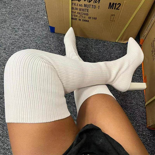 Over Knee Long Boots Pointed Toe High Heel Stretch Knitting Shoes Women Winter Boot - Here2Save