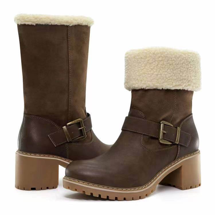 Fashion Boots With Buckle Chunky Heel Shoes Warm Winter Round Toe Western Boots For Women - Here2Save