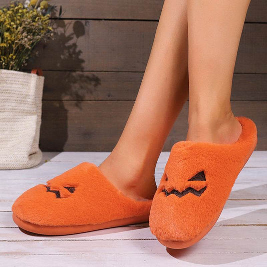 Cute Halloween Pumpkin Slippers Winter Warm Plush Bedroom Floor Home Slippers Casual Slip On Comfortable Cozy Indoor House Shoes - Here2Save