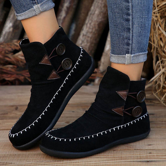 Button Design Ankle Boots For Women Autumn And Winter New Style Flat Boots With Stitching Fashion Solid Round Toe Short Shoes - Here2Save