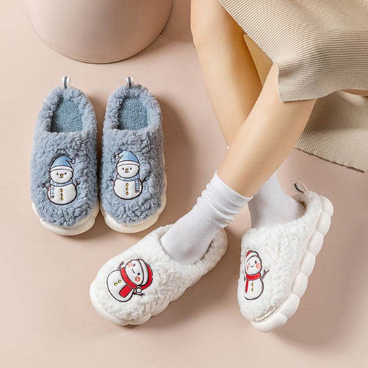 Cute Snowman Slippers Winter Indoor Household Warm Plush Thick-Soled Anti-slip Couple Home Slipper Soft Floor Bedroom House Shoes - Here2Save