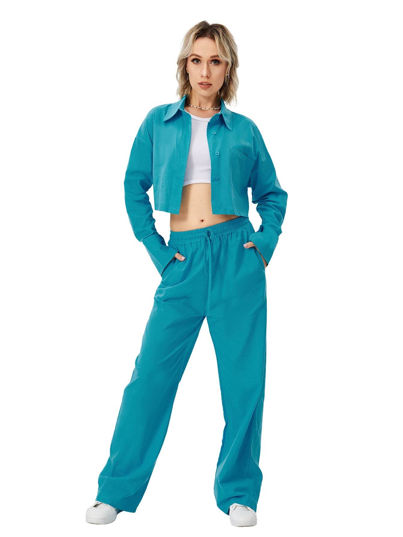 Women Two Piece Outfits For Women Long Sleeve Button Down Wide Leg Loungewear Pajama Set - Here2Save