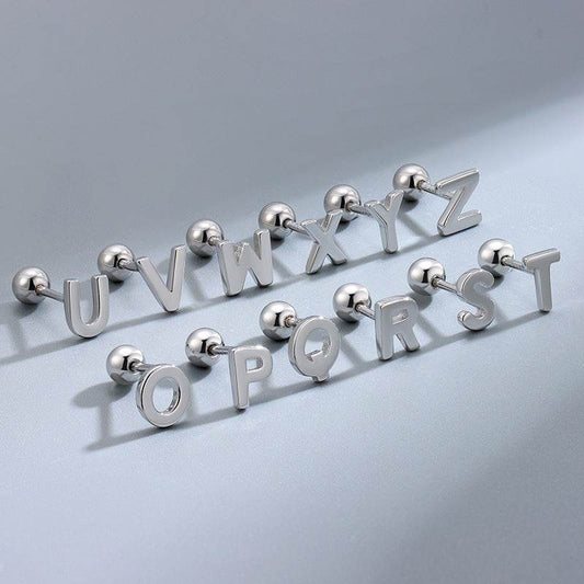 S925 Sterling Silver Glossy 26 Letters Screw Pin Ear Studs - Here2Save