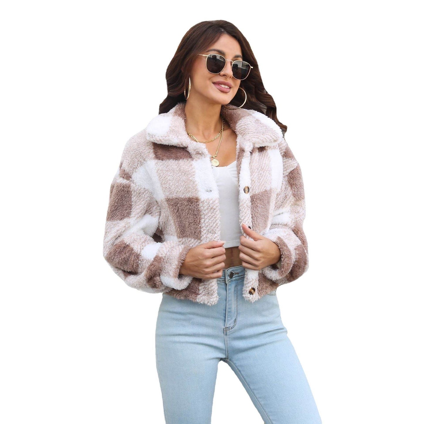 Plaid Double Sided Velvet Jacket For Women Lantern Sleeve Loose Short Coat Autumn And Winter Plush Clothing - Here2Save