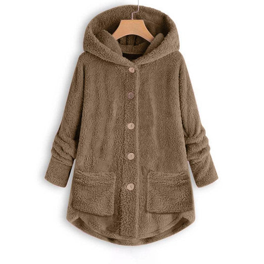 Buttoned Irregular Hooded Plush Top - Here2Save