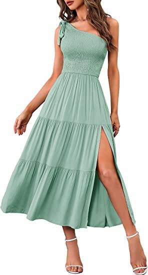 New Summer Fashion Women's One-shoulder Pleated Layered Hem Split Dress - Here2Save