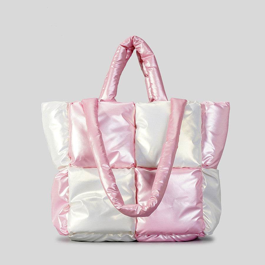 Women Handbags Winter Color Matching Down Cotton-padded Coat Tote Bag Soft Plaid Shoulder Bags - Here2Save