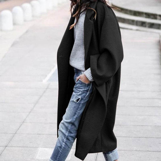 Casual Long Jacket With Pockets Solid Color Single Breasted Lapel Woolen Coat For Women Warm Winter Clothing - Here2Save
