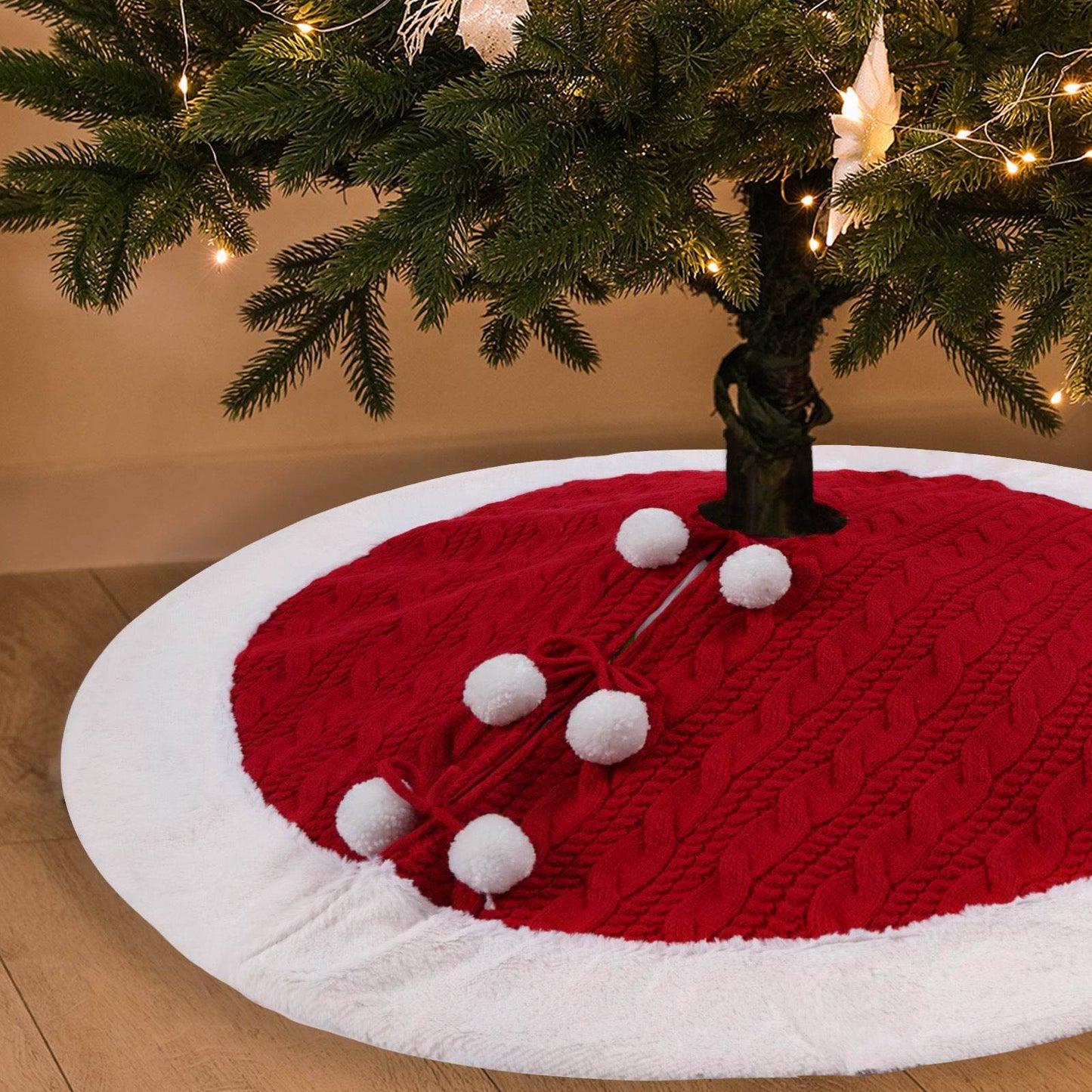 White Pompon Knitted Christmas Tree Skirt Bottom Apron Shawl - Here2Save