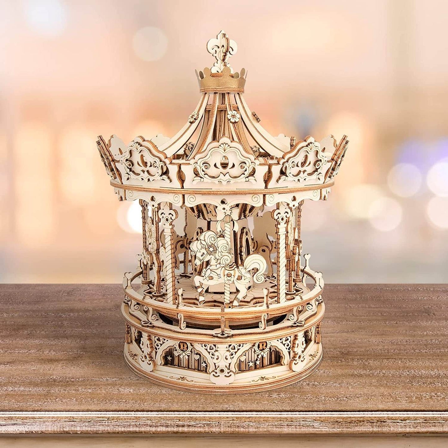 Robotime Rokr 3D Wooden Puzzles Construction Model Kit DIY Music Box Building Kits Rotating - Romantic Carousel - Here2Save