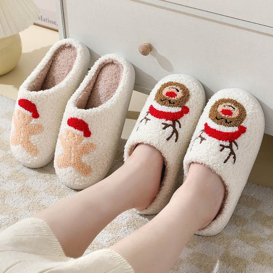 Christmas Home Slippers Cute Cartoon Santa Claus Cotton Slippers For Women And Men Couples Winter Warm Furry Shoes - Here2Save