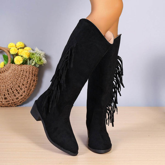 Winter Fringe Chunky Heel Long Boot Fashion Slip On Suede Retro Tassel Boots Women's Pionted Toe Shoes Women Western Cowboy Boot - Here2Save