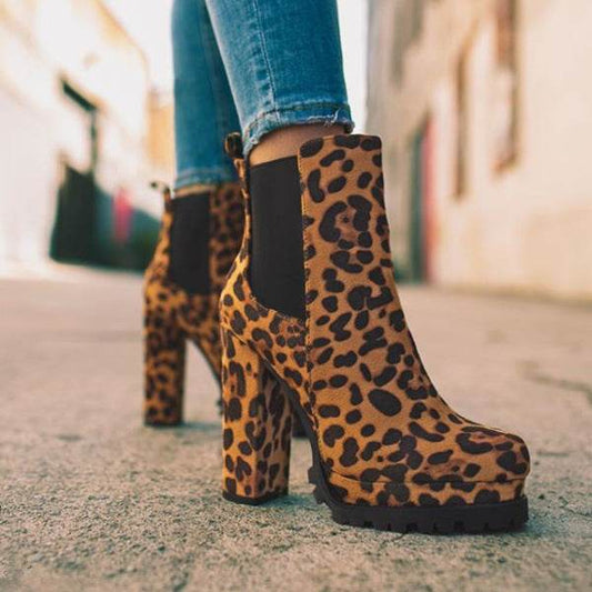Round-toe Ankle Boots Solid Leopard Print Thick Square High Heel Shoes Ladies Casual Fashion Autumn Winter Suede Dress Party Boots - Here2Save