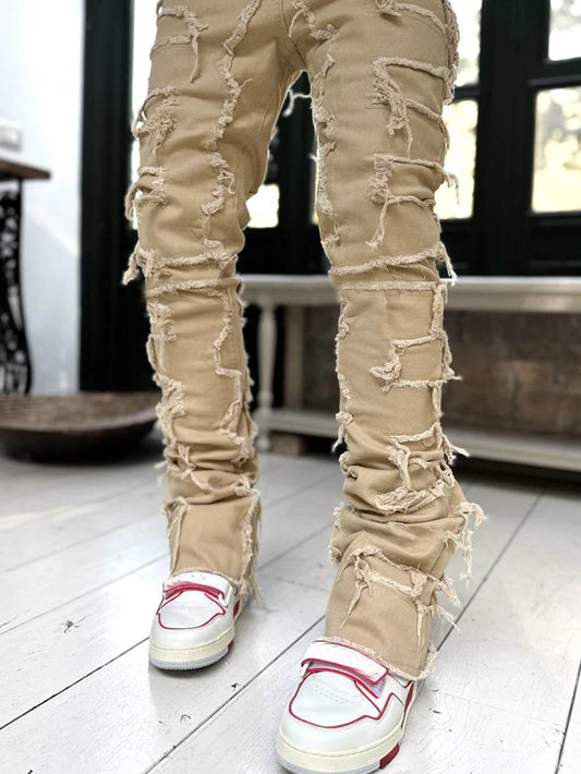 Men Trousers Individual Patched Pants Long Tight Fit Stacked Jeans For Mens Clothing - Here2Save