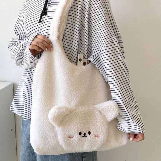 Personalized Bag For Women 3D Cartoon Bear Lamb Wool Shoulder Bag Winter High Capacity Daily Shopping Bags Girls College Style Handbags - Here2Save