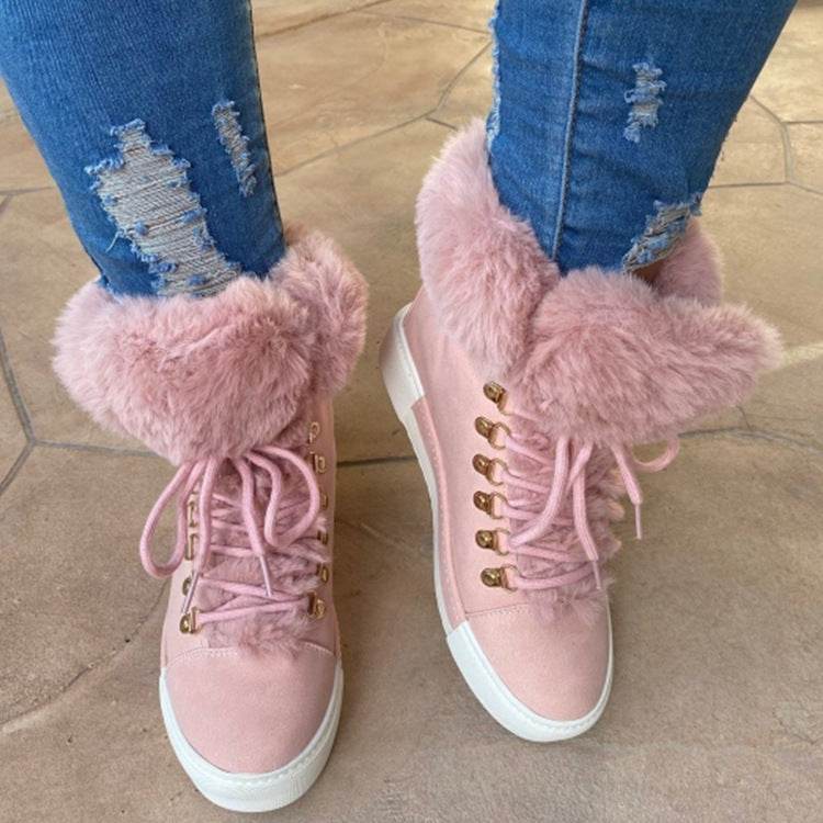 Lace-up Boots Cute Thick Sole Heighten Non Slip Snow Shoes Fall Winter Keep Warm Plush Lined Furry Ankle Boots Outdoor Walking Flat Shoes - Here2Save