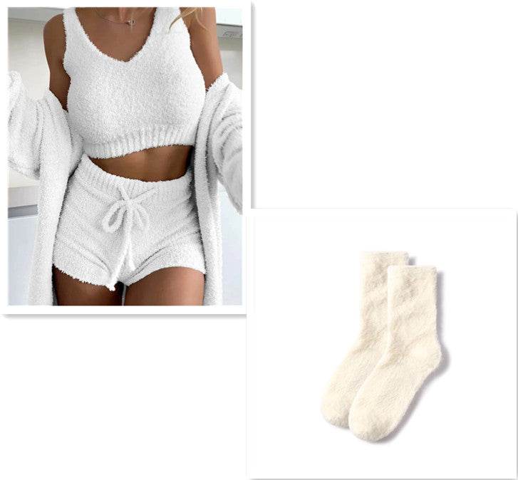 Thermal Three-piece Fluff Coat Spaghetti Strap Short Top Shorts Suit - Here2Save