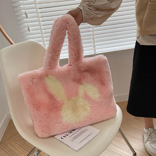 Cute Cartoon Rabbit Ears Plush Bag Autumn And Winter Shoulder Bag Shopping Handbags Large Capacity Personalized Tote Bags For Women - Here2Save