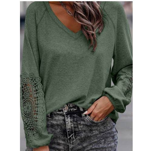 Loose Casual V-neck Lace Lace Long-sleeved - Here2Save