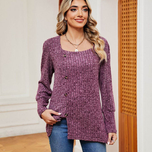 Women's Fashion Casual Loose Square Collar Button Long Sleeve Top - Here2Save