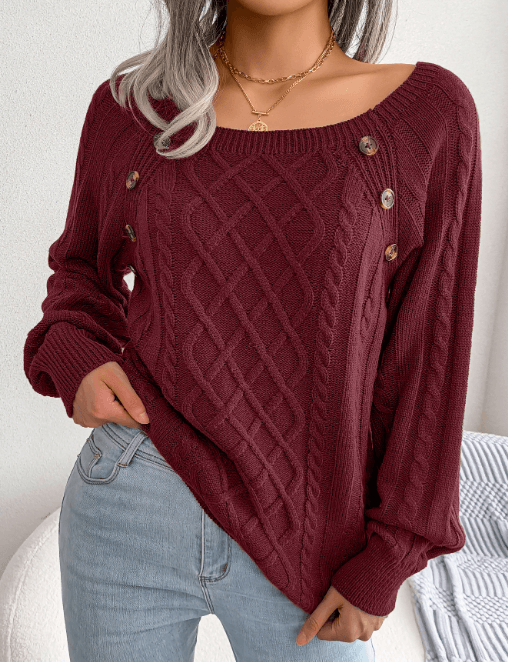 Square Neck Button Fried Dough Twist Knitting Sweater - Here2Save