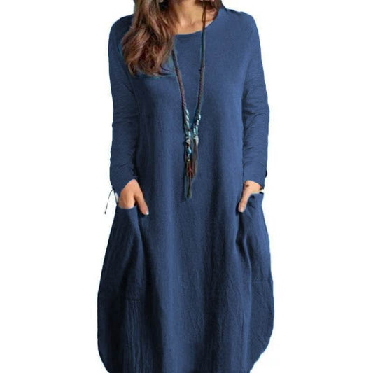 Women's Autumn Cotton And Linen Loose Casual Solid Color Long-sleeved Dress - Here2Save