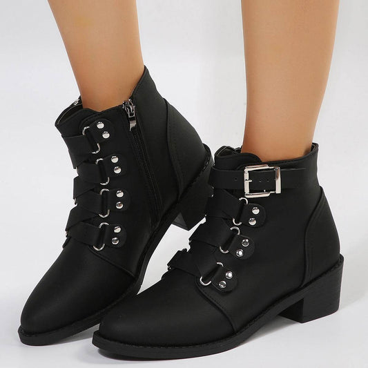 Women Ankle Boots With Side Zipper And Belt Buckle Knight Boot Winter Square Heel Pointed Toe Shoes - Here2Save