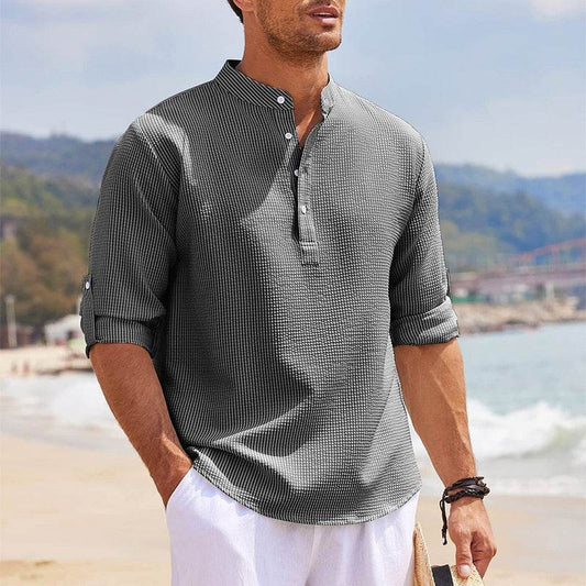 Men's Casual Shirt Long Sleeve Stand Collar Solid Color Shirt Mens Clothing - Here2Save