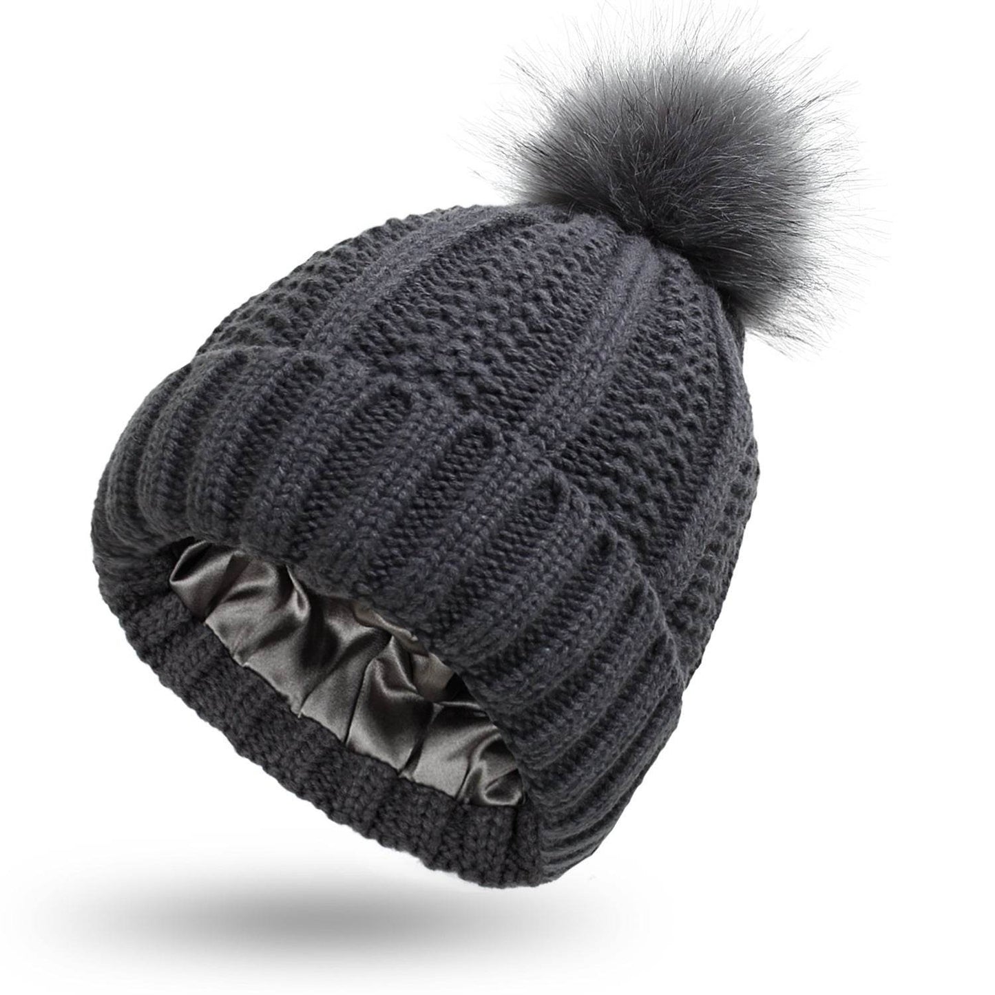 Fashion Stretchy Satin Lined Skull Knit Hats Beanie Hat For Women Faux Fur Pom Pom Hat Winter Keep Warming Beanie Hat - Here2Save