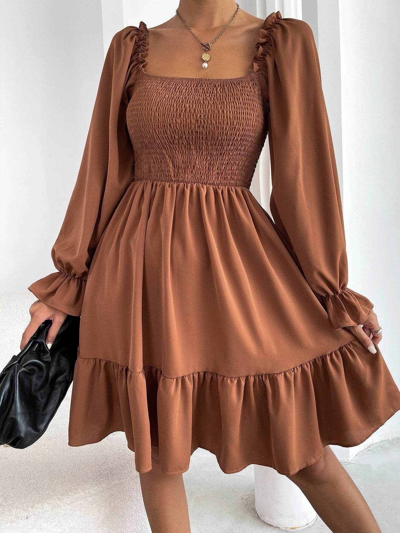 Flared Long Sleeve Dresses Women Square Neck Ruffled Swing Dress - Here2Save