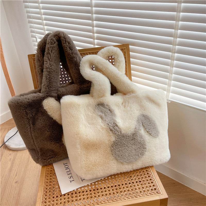 Cute Cartoon Rabbit Ears Plush Bag Autumn And Winter Shoulder Bag Shopping Handbags Large Capacity Personalized Tote Bags For Women - Here2Save