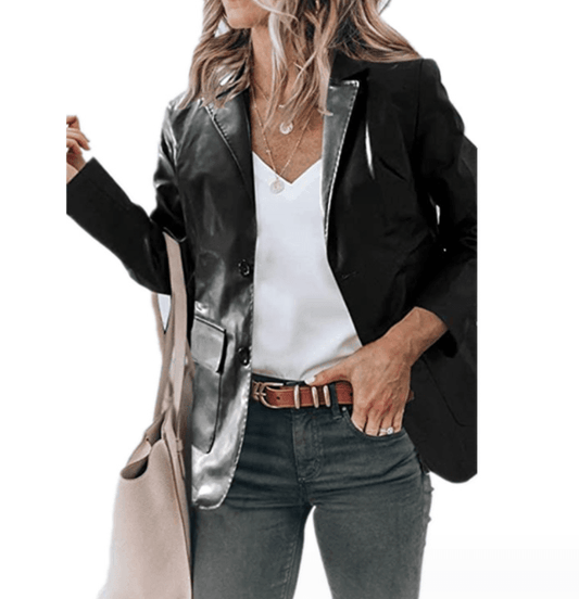 Lapel Single Breasted Solid Color PU Leather Women's Coat - Here2Save