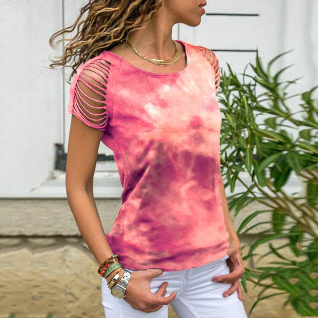 Ladies Tie-Dye Hole Burnt Strapless T-shirt - Here2Save