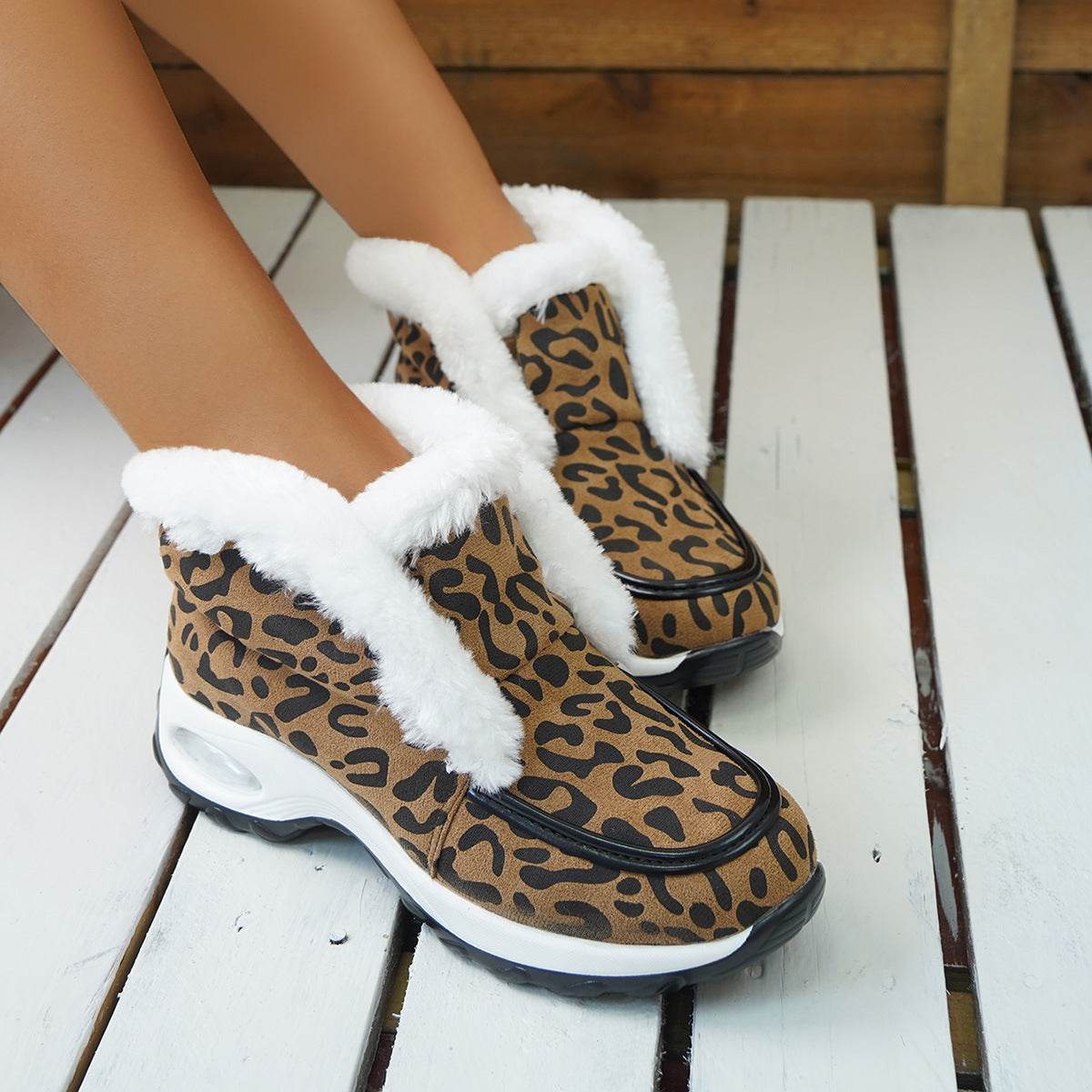 Winter Shoes For Women Air-cushion Sole Snow Boots Fashion Solid Leopard Print Platform Ankle Boots Casual Keep Warm Shoes Female - Here2Save