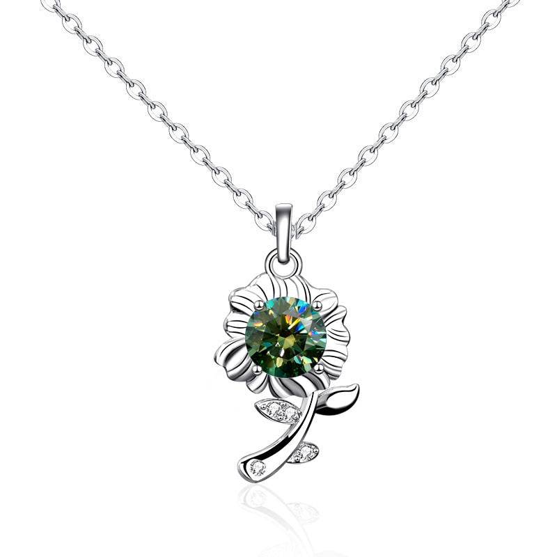 Sterling Silver Necklace Green Moissanite Sunflower Flower Pendant - Here2Save