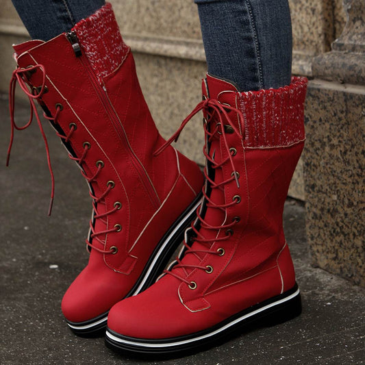 Mid Calf Lace-up Long Boots Women Flat Heels Round Toe Denim Cowboy Boots With Side Zipper Western Boots Fashion Autumn Winter Shoes - Here2Save