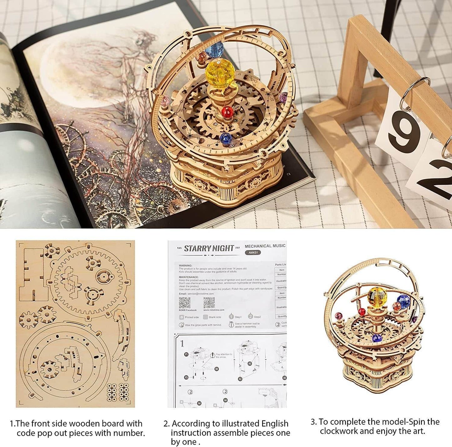 ROKR Rotating Starry Night Mechanical Music Box 3D Wooden Puzzle Assembly Model Building Kits Toys For Children Kids - AMK51 - Here2Save