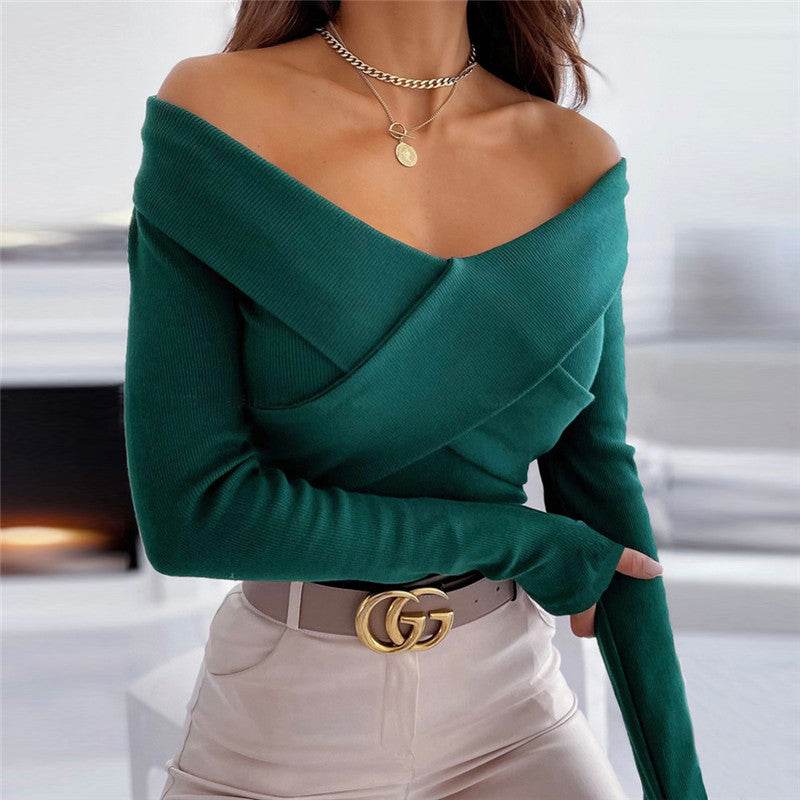 Sexy Double V-neck Sweater Short Long Sleeve Bottoming Shirt - Here2Save