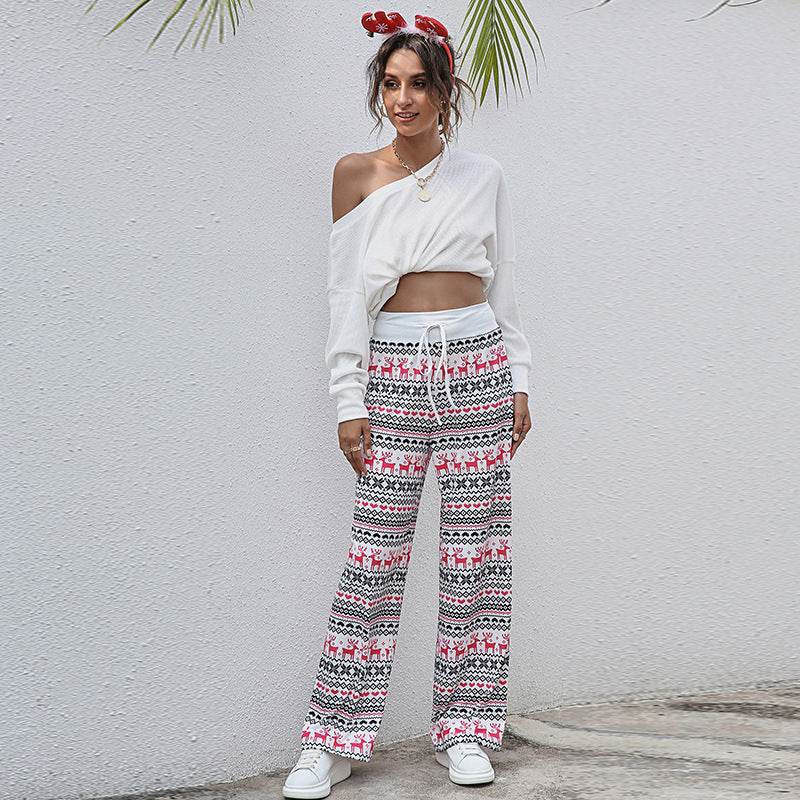 Christmas Print Pants Women Fashion Casual Drawstring Trousers With Christmas Snowflake Tree Elk Print - Here2Save