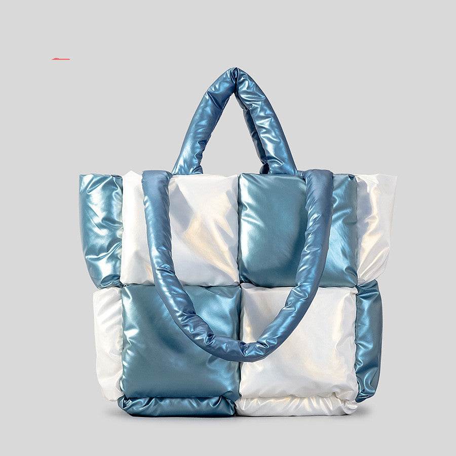 Women Handbags Winter Color Matching Down Cotton-padded Coat Tote Bag Soft Plaid Shoulder Bags - Here2Save