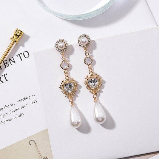 Pearl Earrings Love Rhinestones Long Earrings Women - Here2Save