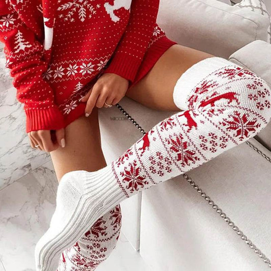Winter Christmas Warm Knitted Women Stocking Beautiful Elk Snowflake Jacquard Over-the-knee Casual Long Socks For Ladies Gifts Free Size - Here2Save